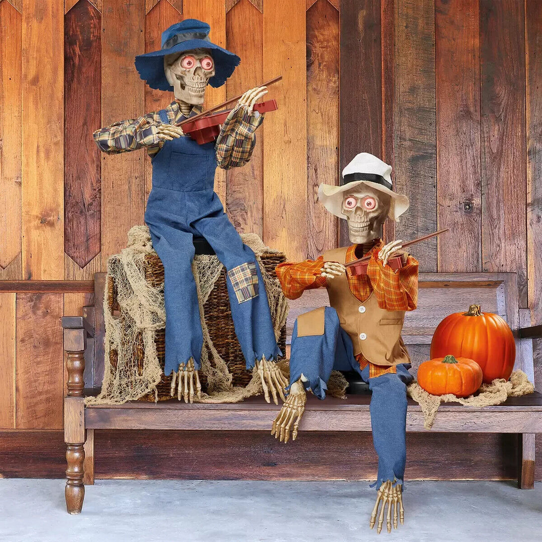 Halloween 3ft (1m) Pair of Animated Fiddler Skeletons with Lights & Sounds pumpkim