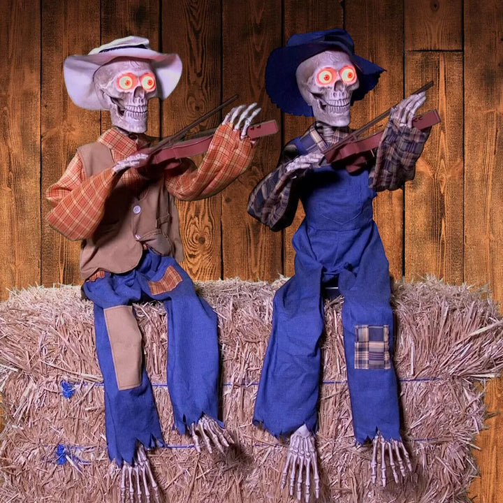 Halloween 3ft (1m) Pair of Animated Fiddler Skeletons with Lights & Sounds pumpkim