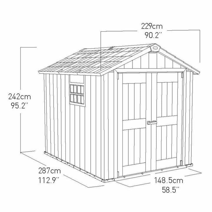 Keter oakland 7ft 6" x 9ft 4" (2.3 x 2.9m) shed UV durable resistant lifetime 3D resistance garden outdoor patio shed