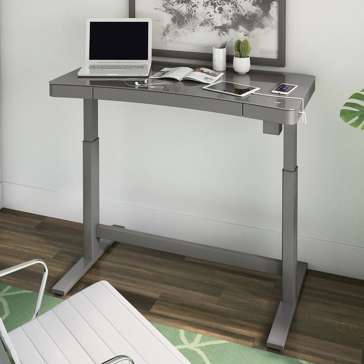 Prescott Power Adjustable Height Tech Desk with Wireless Charging, Grey