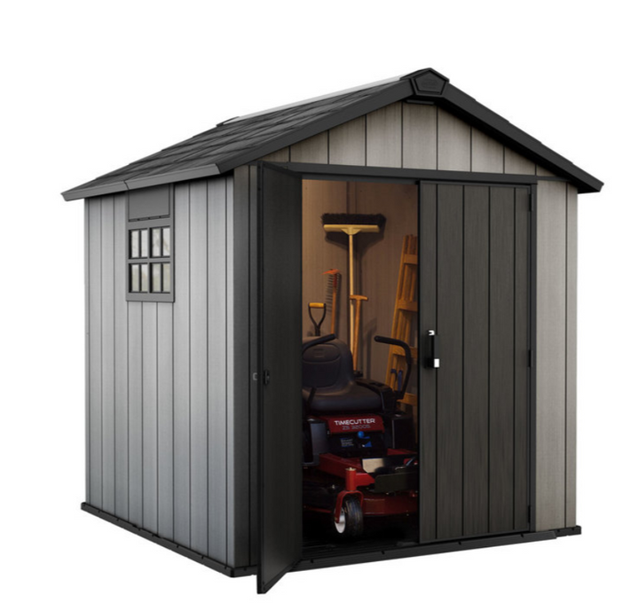 Keter Oakland 7ft 6" x 7ft (2.3 x 2.1m) Shed  durable wood lifetime garden outdoor storage stainless resistant UV